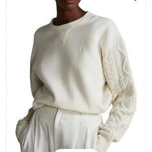 RARE Polo Ralph Lauren Cream Hybrid Sweater & Fleece Crewneck Sweatshirt, Small